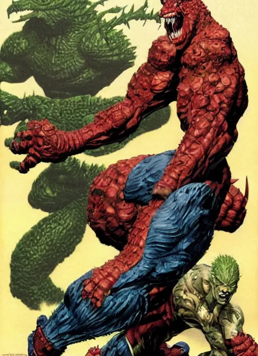 Prompt: full body and head single character portrait of martyn ford and godzilla hybrid as marvel mutant, dynamic action, painted by norman rockwell and phil hale and greg staples and tom lovell and frank schoonover and jack kirby