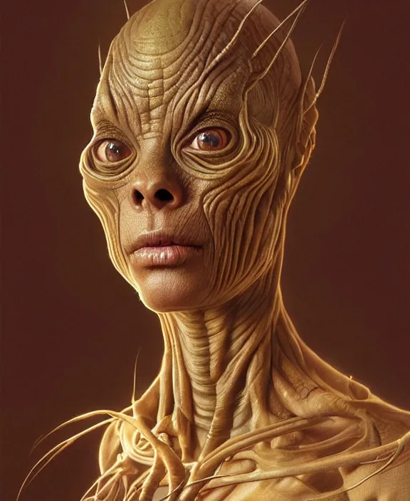 Image similar to intricate earth - toned portrait of a disturbing terrifying alien insect creature, mottling coloring, adorable, childlike, medical environment, ultra realistic, concept art, art nouveau, photorealistic, octane render, 8 k, unreal engine. art by christopher marley and artgerm and greg rutkowski and alphonse mucha