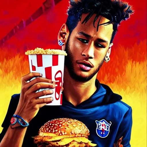 Image similar to Neymar eating a KFC zinger, closeup, giant zinger, D&D, fantasy, intricate, elegant, highly detailed, digital painting, artstation, concept art, matte, sharp focus, illustration, art by Artgerm and Greg Rutkowski and Alphonse Mucha