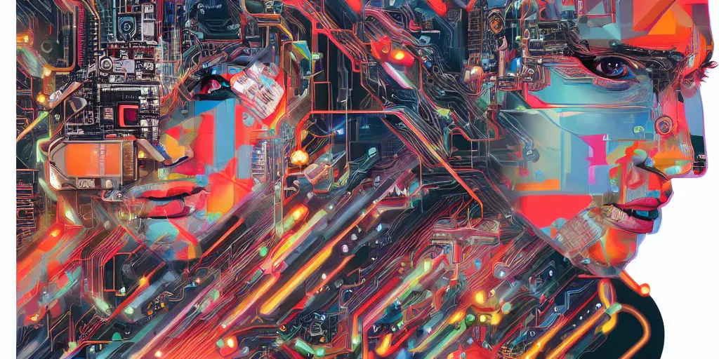 Image similar to portrait of computer & circuits, 8 k, by tristan eaton, trending on deviantart, face enhance, hyper detailed, minimalist, cybernetic, android, blade runner, full of colour, super detailed