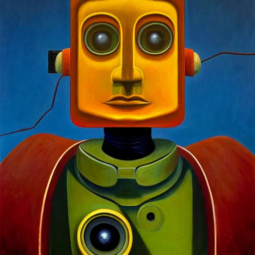 Image similar to super - intelligent robot with kind eyes portrait, grant wood, pj crook, edward hopper, oil on canvas