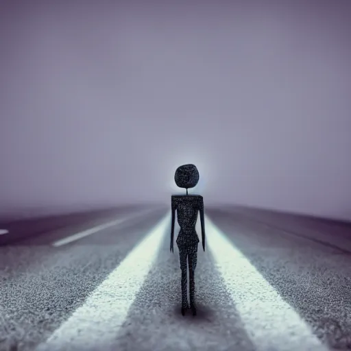 Prompt: a photo of a creepy figure standing in the middle of the road, found footage, dark, scary, 8k, hd