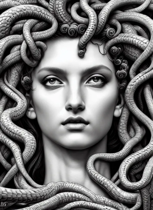 Image similar to photo of a medusa in the style of stefan kostic, realistic, half body shot, sharp focus, 8 k high definition, insanely detailed, intricate, elegant, art by stanley lau and artgerm, extreme bokeh foliage