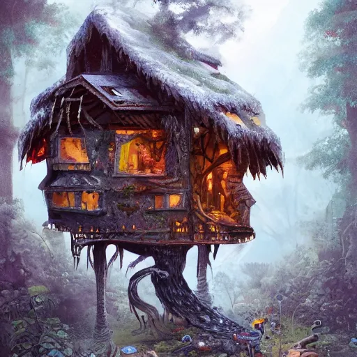 Image similar to a storybook illustration of a ramshackle multistory fairytale hut in the forest, intricate, elegant, on chicken legs, in forest, fantasy, highly detailed, digital painting, concept art, sharp focus, trending on artstation