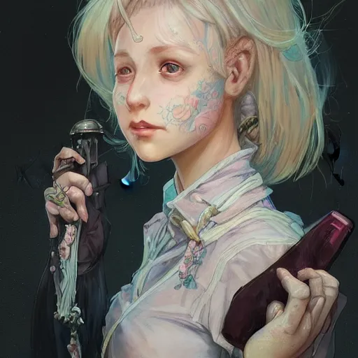 Image similar to portrait of a scottish teenage girl with pinkish grayblonde hair, glowing skin, awkward, nerdy, fantasy, intricate, elegant, dress shirt, highly detailed, digital painting, artstation, concept art, smooth, sharp focus, illustration, art by Krenz Cushart and Artem Demura and alphonse mucha