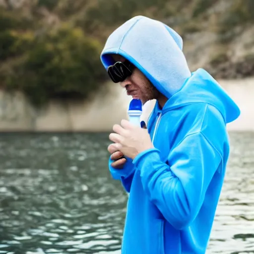 Prompt: a man wearing a hoodie, using a groan tube as a snorkel, whilst holding a blue inhaler, high detail, 4 k