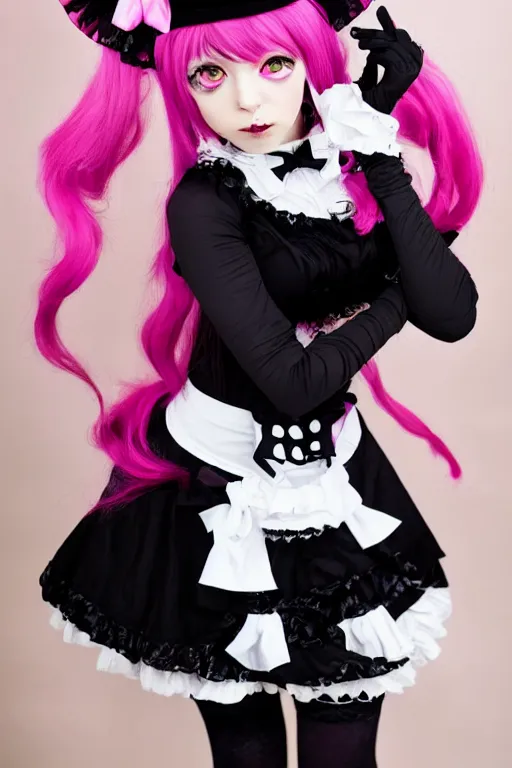 Image similar to Anime Catgirl with black fur, pink hair, and pink eyes in Gothic Lolita maid costume wearing small top hat