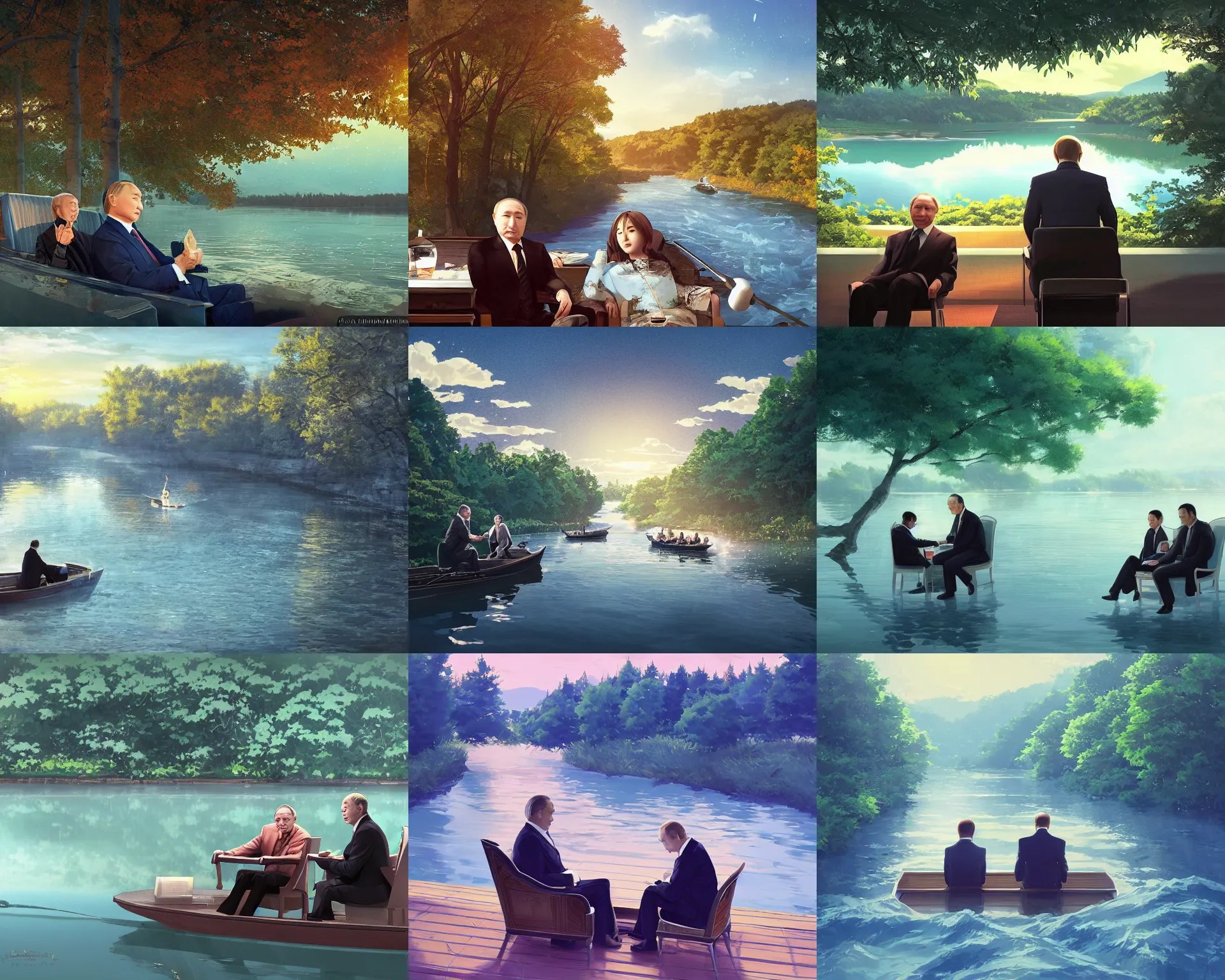 Prompt: Nazarbayev and Putin sitting next to each other, facing the river in one single boat. Atmospheric lighting, long shot, romantic, trees, blue water, narrow river, close river bank, shady. Anime. By Makoto Shinkai, Stanley Artgerm Lau, WLOP, Rossdraws, James Jean, Andrei Riabovitchev, Marc Simonetti, krenz cushart, Sakimichan, D&D trending on ArtStation, digital art.