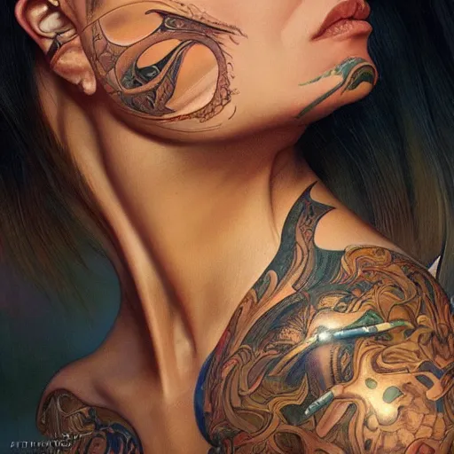 Image similar to ultra realistic illustration, a hot and beautiful tattooed extraterrestrial woman, intricate, elegant, highly detailed, digital painting, artstation, concept art, smooth, sharp focus, illustration, art by artgerm and greg rutkowski and alphonse mucha