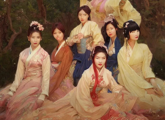 Image similar to detailed group portrait of blackpink wearing hanfu, natural light, painting by gaston bussiere, craig mullins, j. c. leyendecker