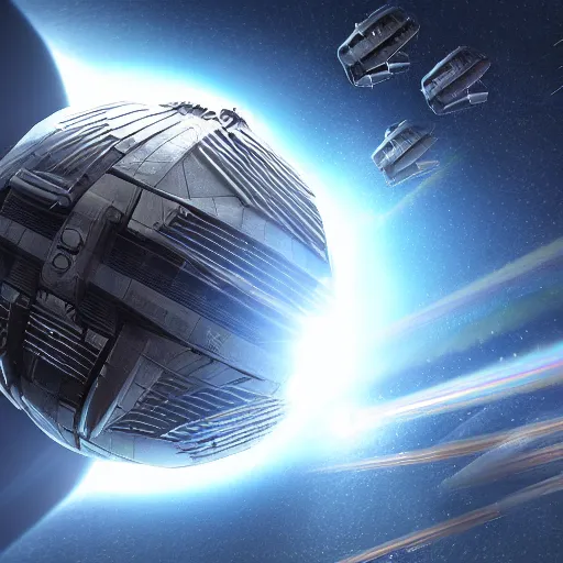 Prompt: Battlestar Galactica arriving at a Dyson Sphere, dramatic lighting, directional lighting, digital art, digital art, photorealistic, Ultra realistic, ultra detail, High Resolution, 8k, sci-fi
