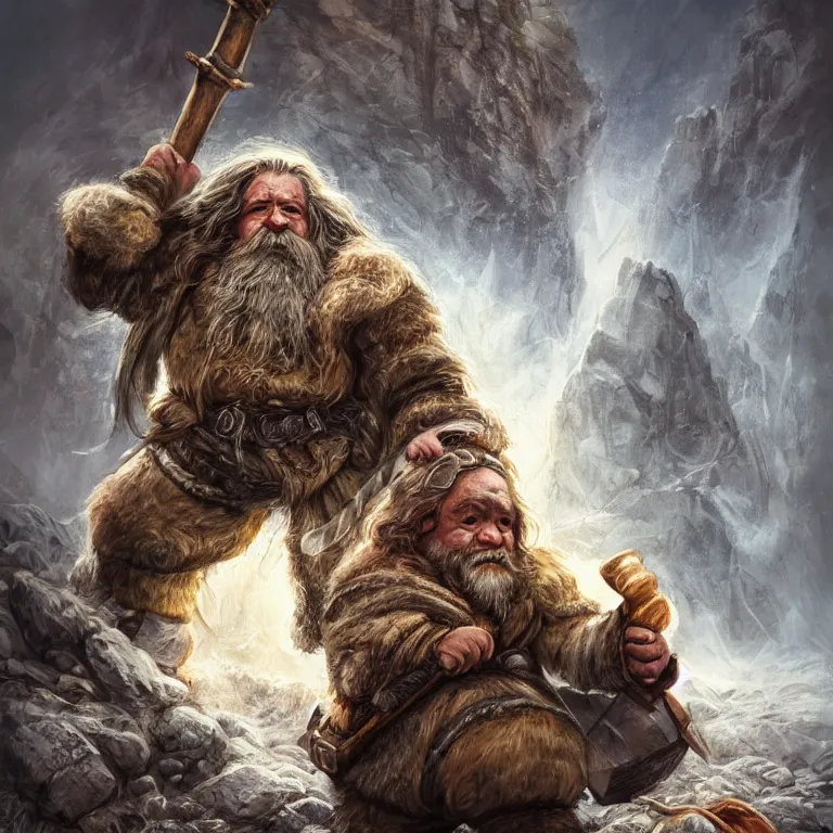 Image similar to dwarf with hammer in mountains, lord of the rings style, fantasy, poster, character portrait, portrait, close up, concept art, intricate details, highly detailed, full body, 8 k, detailed face, body