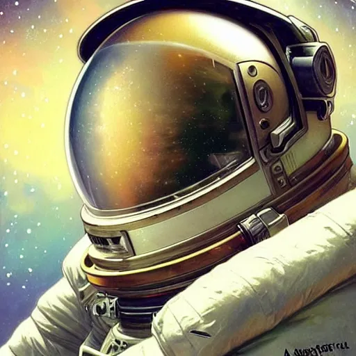 Image similar to a close up painting of an astronaut floating in space. his helmet visor is dark and reflective. you can see the reflection of the photographer in his helmet visor. by artgerm and greg rutkowski and alphonse mucha