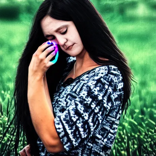 Image similar to a woman with long dark hair holding a cat in her arm standing on steps in a field at night, a hologram by kusama, instagram, optical illusion, full body, ultra hd, neon, pexels contest winner, high quality photo, rtx, hd, shiny eyes