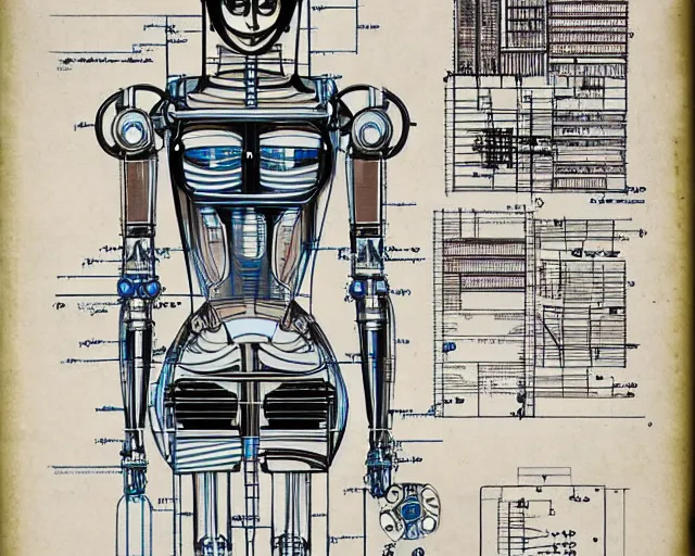 Image similar to a full page of a mechanical blueprint showing a cutaway design for a mechanized woman robot, muted colors, post grunge, studio ghibli, hq,