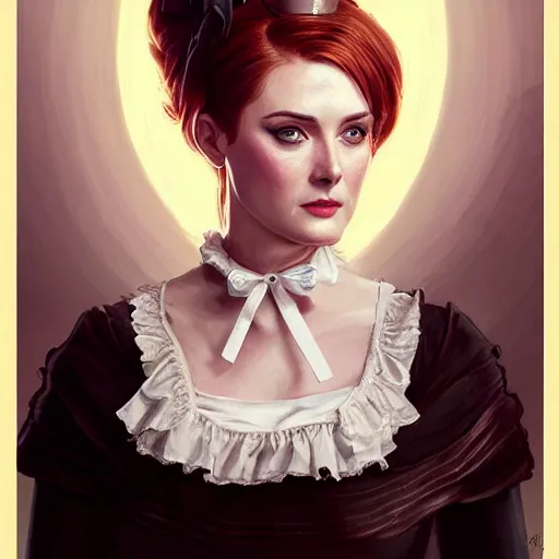 Image similar to a portrait of alexandra breckenridge as a french maid, urban motifs, intricate, elegant, highly detailed, digital painting, trending on artstation, concept art, smooth sharp focus, illustration, art by artgerm and greg rutkowski