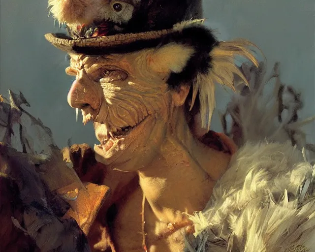 Prompt: portrait of a scary man dressed as a chicken, highly detailed painting by gaston bussiere, craig mullins, j. c. leyendecker 8 k