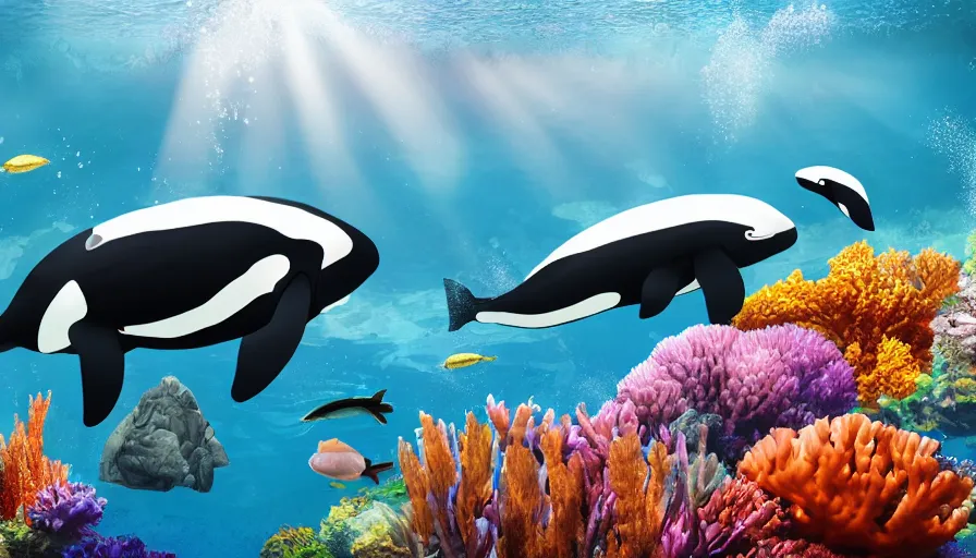 Image similar to a beautiful, noble, giant orca : 1, underwater scenery, beautiful colorful corals, african cichlids and other species of small tropical sea - life, god - rays, volumetric lighting, 8 k, digital art