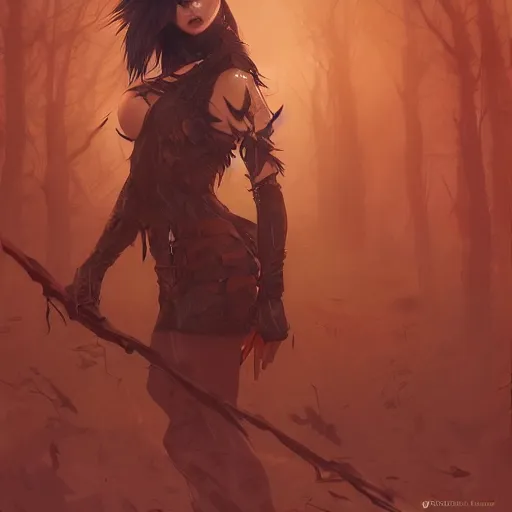 Image similar to savage woman, clothed in brown leather, unwordly, beautiful, ghostly forest, by ilya kuvshinov and rossdraws and greg rutkowski and justin gerard, artstation, deviantart, cgsociety