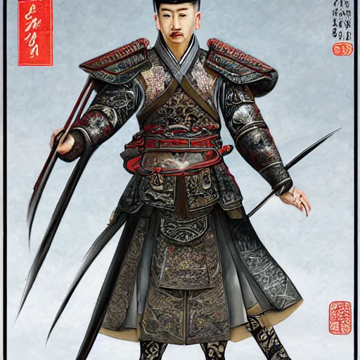 Image similar to dynamic composition, motion, ultra-detailed, incredibly detailed, a lot of details, amazing fine details and brush strokes, colorful and grayish palette, smooth, HD semirealistic anime CG concept art digital painting, watercolor oil painting of a Tang Ming dynasty chinese tao fantasy general wearing armor, from Three Kingdoms, by a Chinese artist at ArtStation, by Huang Guangjian, Fenghua Zhong, Ruan Jia, Xin Jin and Wei Chang. Realistic artwork of a Chinese videogame, gradients, gentle an harmonic grayish colors.