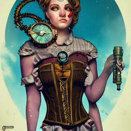 Prompt: lofi underwater bioshock biopunk steampunk portrait, wearing corset, Pixar style, by Tristan Eaton Stanley Artgerm and Tom Bagshaw.