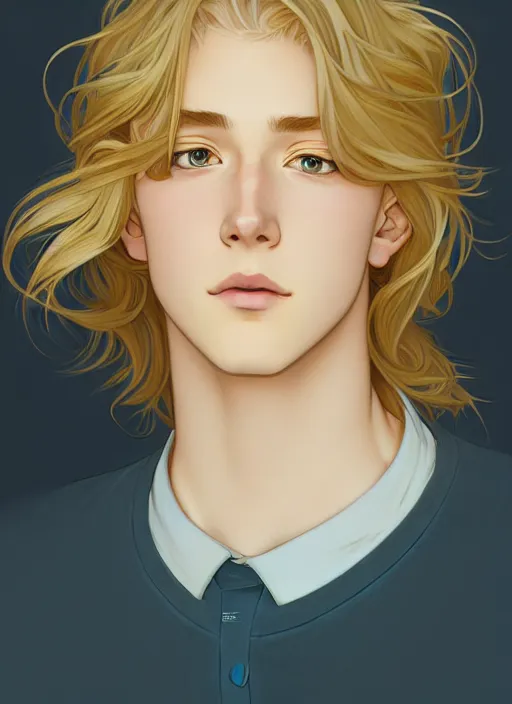 Image similar to pretty young man with shoulder length shiny shimmering golden blond hair, path traced, highly detailed, high quality, digital painting, by studio ghibli and alphonse mucha, leesha hannigan, makoto shinkai, disney