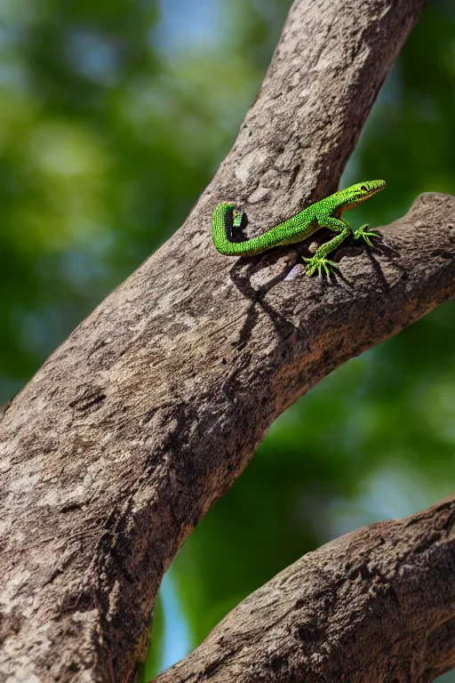 Prompt: highly detailed photo of a lizard running up a tree, 3 5 mm, 4 k, photorealistic