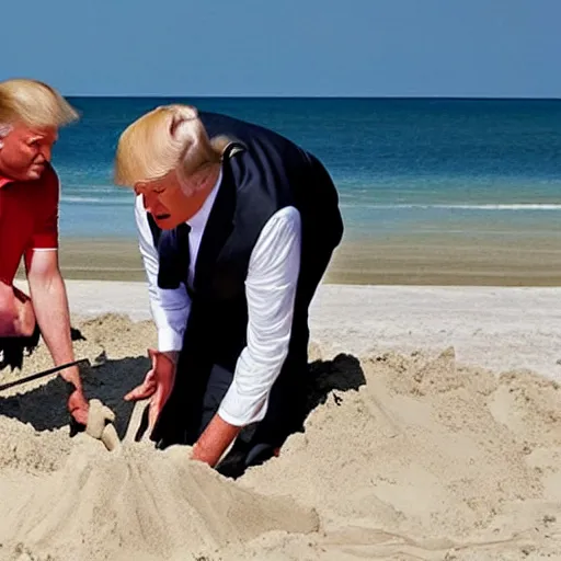 Image similar to Donald Trump at the beach making a sand castle with SpongeBob squarepants