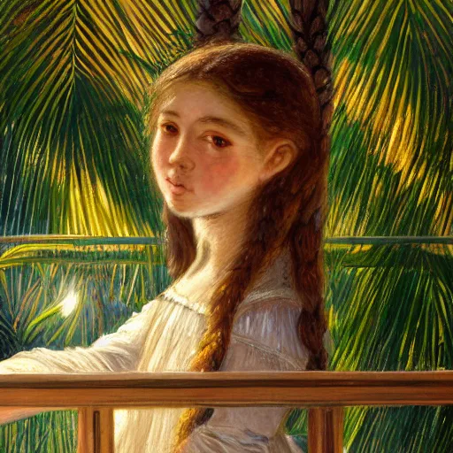 Image similar to a ultradetailed beautiful painting of a girl in the amazonas palace balustrade designed by jules bastien - lepage, hans belmer, frank weston and gustave baumann, beach, trending on artstation, mediterranean, palm trees, refracted color sparkles, sharp focus, soft light, 8 k 4 k