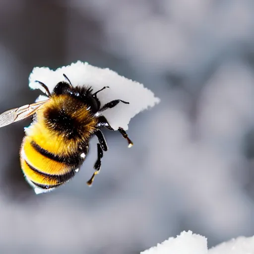 Image similar to a bee finding a beautiful snowflake flower, only snow in the background, beautiful macro photography, ambient light