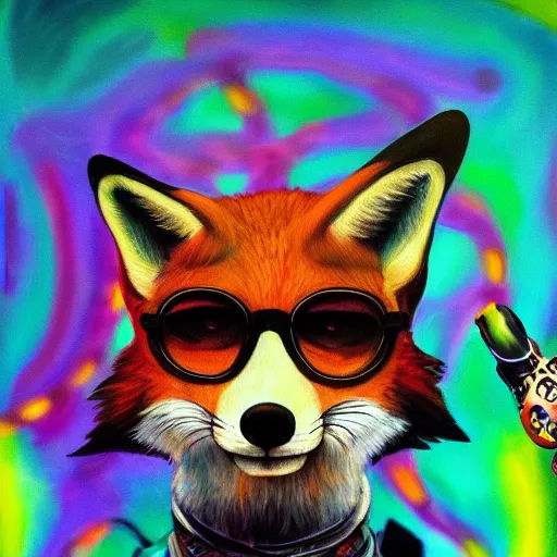 Image similar to portrait of a humanoid fox in the movie fear and loathing in las vegas, extremely detailed, psychedelic, trippy, digital painting, centered, cinematic lighting, vertical symmetry, trending, artstation