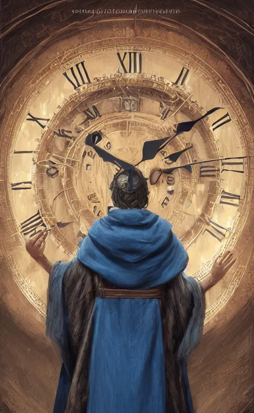 Image similar to portrait of a middle aged elf with a long beard, dressed in a blue cloak with clock iconography, brown hair, raised hand, detailed face, fantasy, highly detailed, cinematic lighting, digital art painting by greg rutkowski