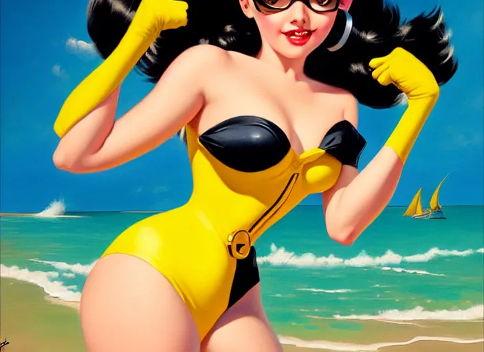 Image similar to the style of the artist gil elvgren, a girl with black hair, overwatch tracer, with a very beautiful symmetrical face, a smile on her face, tanned skin, in a yellow bikini, against the background of a sea beach, in art style, high detail, digital painting, hyperrealism