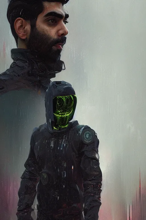 Image similar to a full body portrait oil painting illustration of rahul kohli by justin sweet and greg rutkowski and alphonse mucha with face and body clearly visible, techwear, futuristic, cyberpunk, raining! artstation trending, high quality, colourful! artstation trending, abstract colours, no crop, entire character!,