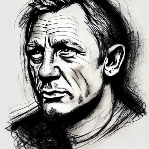 Image similar to a realistic yet scraggly portrait sketch of the side profile of a stern and sophisticated daniel craig, trending on artstation, intricate details, in the style of frank auerbach, in the style of sergio aragones, in the style of martin ansin, in the style of david aja, in the style of mattias adolfsson