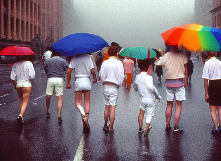 Prompt: realistic photo portrait of a crowd of people wearing white shorts, cone heads, walking on the street, grey sky with rainbow and rain 1 9 9 0, life magazine reportage photo, natural colors