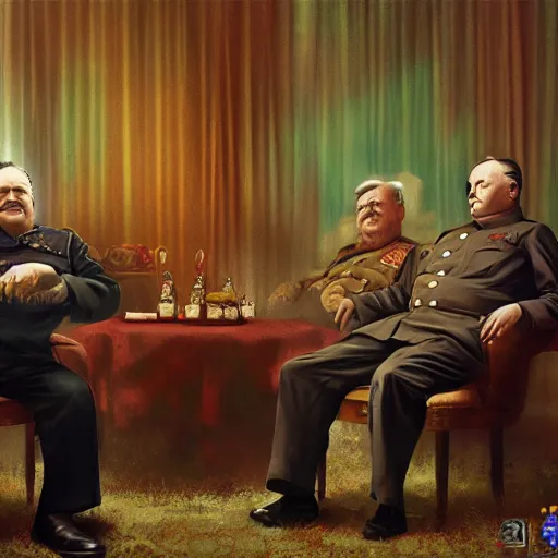 Image similar to Stalin, Churchill and Franklin Roosevelt having a wild birthday party, colorized, fantasy painting,hyperrealistic, highly detailed, depth of field, High definition, 8k, octane render, artstation