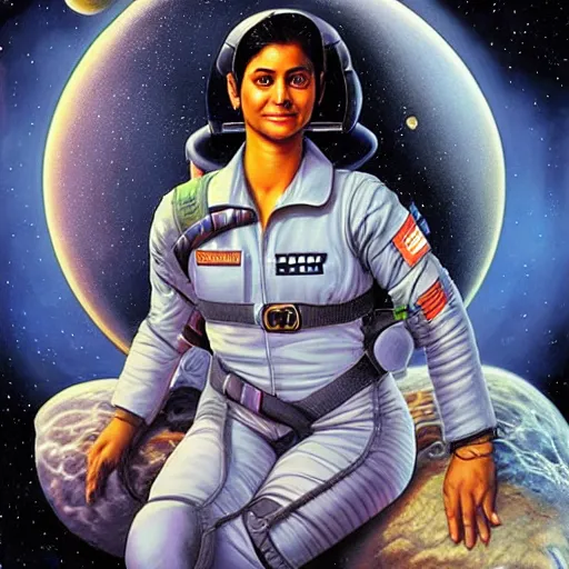 Image similar to a female space cadet from india, resting after a hard mission, happily tired, sci fi character portrait by Jason Edmiston