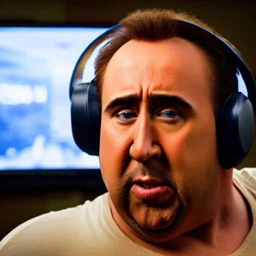 Image similar to obese nicolas cage wearing a headset yelling at his monitor while playing WoW highly detailed wide angle lens 10:9 aspect ration award winning photography