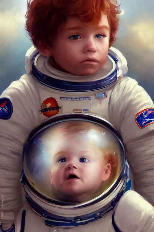 Prompt: a little boy with a cherubic michievous face and ginger hair. he is an astronaut, wearing a space suit. clean elegant painting, beautiful detailed face. by raymond swanland and artgerm and greg rutkowski