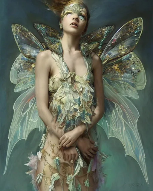 Prompt: Moth Fairy Maiden with large moth like wings wearing ornate dress by Ruan Jia and Andrei Riabovitchev, featured on Artstation, Hyperdetailed, stylized, realistic oil on linen, masterpiece, fantasy