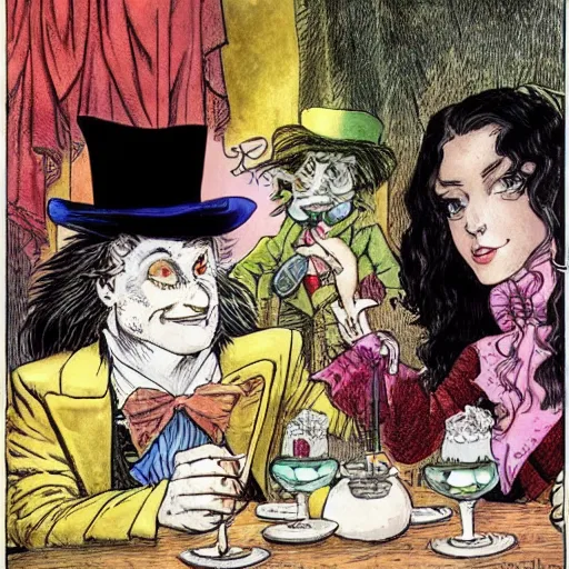 Image similar to The Mad hatter is on a date with Alice, Milo Manara style