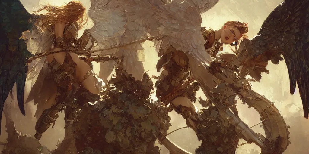 Prompt: a beautiful angel wearing armor, by Stanley Artgerm Lau , greg rutkowski, thomas kindkade, alphonse mucha, loish, norman Rockwell