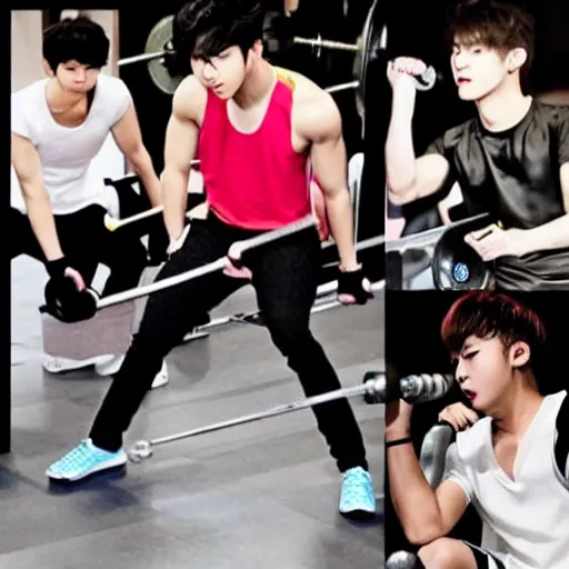 Image similar to the k-pop band EXO lifting weights in the gym, photo-realistic, highly detailed