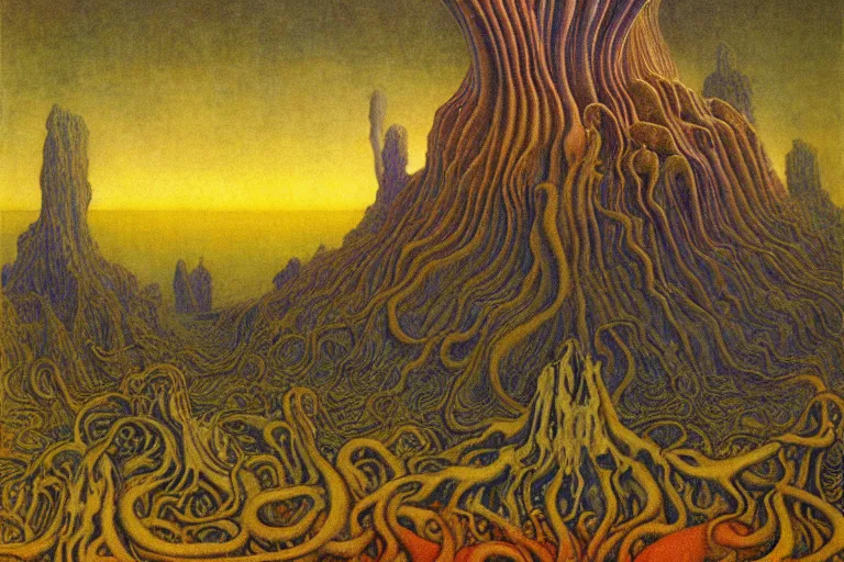 Prompt: lovecraftian landscape, another world by Jean Delville and Roger Dean