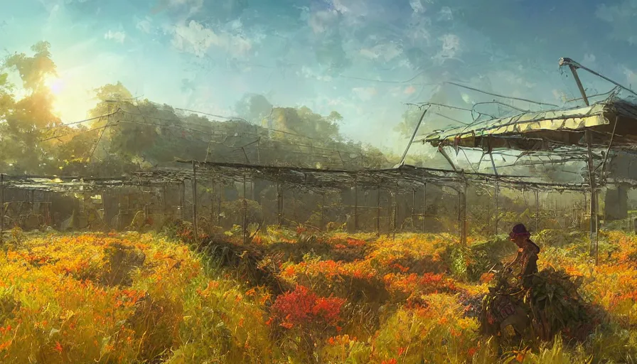 Image similar to craig mullins and ghibli digital illustration of solarpunk fields of crops and hydroponics under a force field, farms, colorful, unreal engine, hyper realism, realistic shading, cinematic composition, realistic render, octane render, detailed textures, photorealistic, wide shot