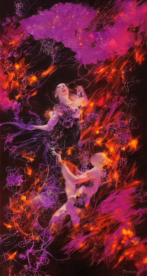 Prompt: she dreams of arcs of purple flame intertwined with glowing sparks, glinting particles of ice, dramatic lighting, steampunk, bright neon, secret holographic cyphers, red flowers, solar flares, high contrast, smooth, sharp focus, intricate art by Frank Frazetta