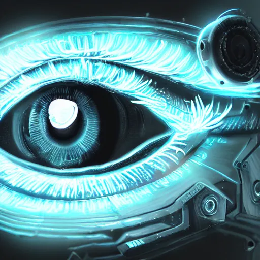 Image similar to cybernetic wolf eye, futuristic, cyberpunk, digital illustration, photo - realistic, macro, extremely detailed, vivid, neon, dramatic lighting, intricate details