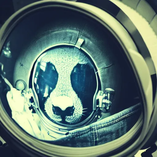 Image similar to close-up of an astronaut space helmet with an otter's face visible inside, dramatic lighting, realistic reflections