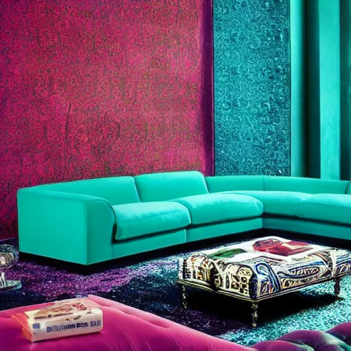 Image similar to a sofa designed by versace in the style of versace dylan turquoise, advertising photography